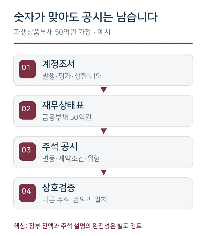 장부·재무제표·주석·위험 공시가 연결되는지 확인하는 예시