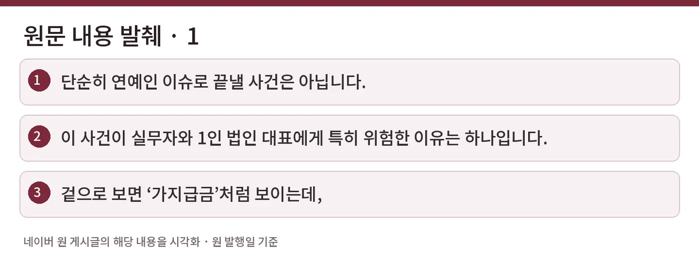 원문 내용 발췌 · 1 — 단순히 연예인 이슈로 끝낼 사건은 아닙니다. / 이 사건이 실무자와 1인 법인 대표에게 특히 위험한 이유는 하나입니다. / 겉으로 보면 ‘가지급금’처럼 보이는데,