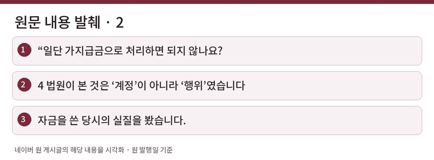 원문 내용 발췌 · 2 — “일단 가지급금으로 처리하면 되지 않나요? / 4️⃣ 법원이 본 것은 ‘계정’이 아니라 ‘행위’였습니다 / 자금을 쓴 당시의 실질을 봤습니다.