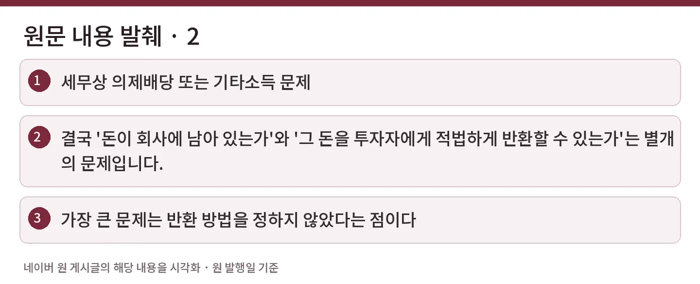원문 내용 발췌 · 2 — 세무상 의제배당 또는 기타소득 문제 / 결국 '돈이 회사에 남아 있는가'와 '그 돈을 투자자에게 적법하게 반환할 수 있는가'는 별개의 문제입니다. / 가장 큰 문제는 반환 방법을 정하지 않았다는 점이다