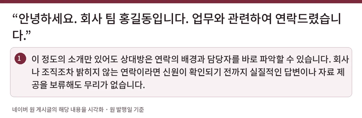 “안녕하세요. ○○회사 ○○팀 홍길동입니다. △△업무와 관련하여 연락드렸습니다.” — 이 정도의 소개만 있어도 상대방은 연락의 배경과 담당자를 바로 파악할 수 있습니다. 회사나 조직조차 밝히지 않는 연락이라면 신원이 확인되기 전까지 실질적인 답변이나 자료 제공을 보류해도 무리가 없습니다.