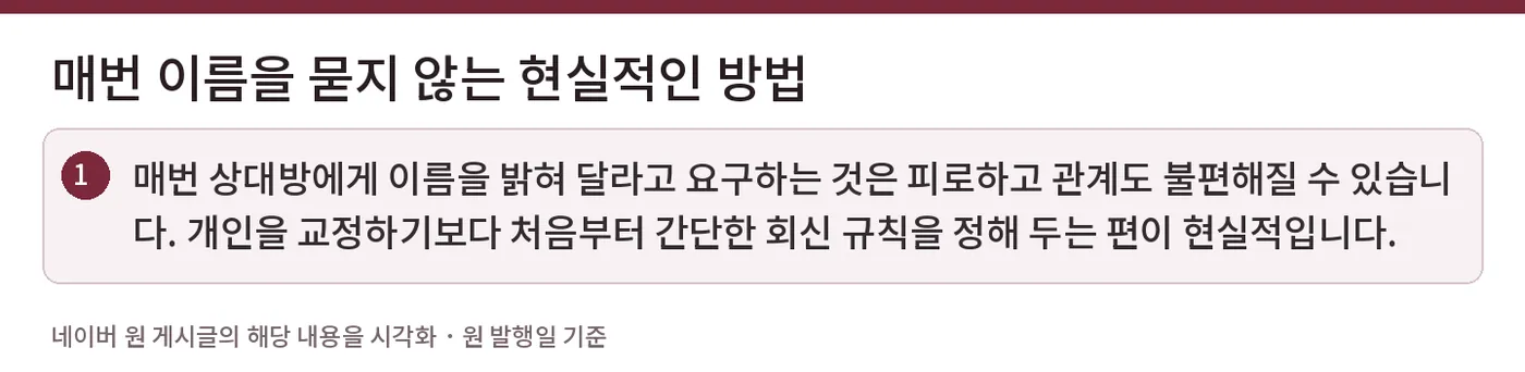매번 이름을 묻지 않는 현실적인 방법 — 매번 상대방에게 이름을 밝혀 달라고 요구하는 것은 피로하고 관계도 불편해질 수 있습니다. 개인을 교정하기보다 처음부터 간단한 회신 규칙을 정해 두는 편이 현실적입니다.