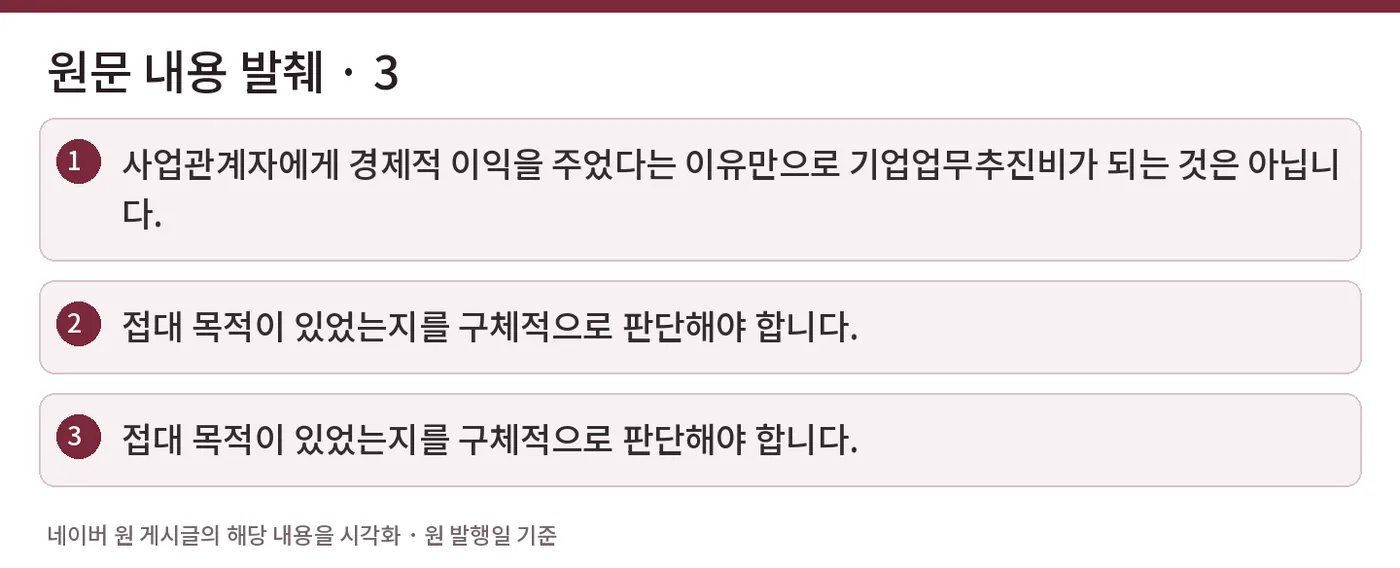 원문 내용 발췌 · 3 — 사업관계자에게 경제적 이익을 주었다는 이유만으로 기업업무추진비가 되는 것은 아닙니다. / 접대 목적이 있었는지를 구체적으로 판단해야 합니다. / 접대 목적이 있었는지를 구체적으로 판단해야 합니다.