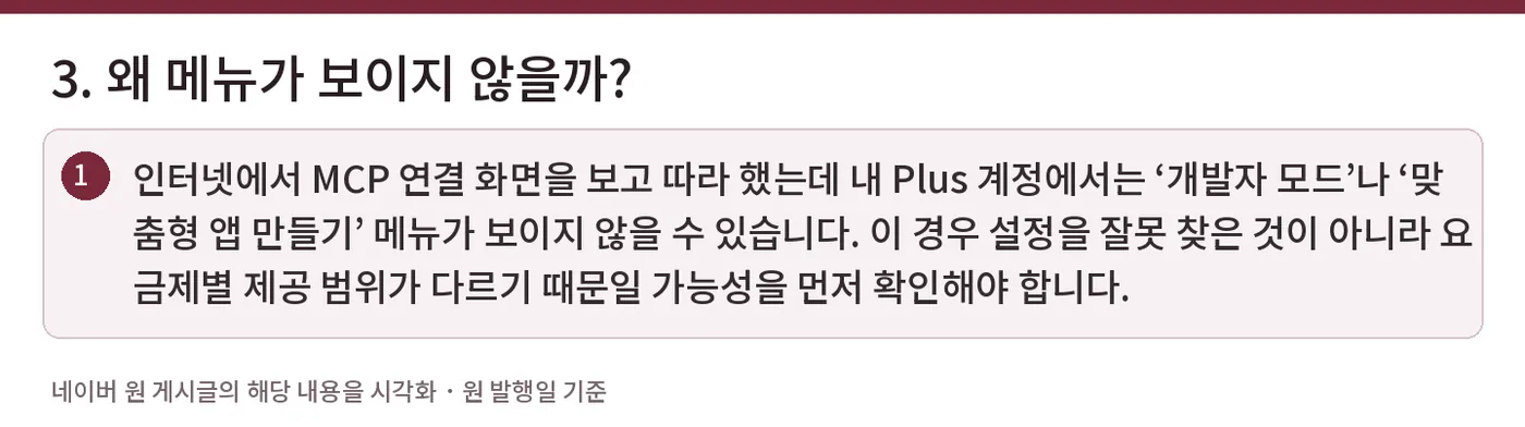 3. 왜 메뉴가 보이지 않을까? — 인터넷에서 MCP 연결 화면을 보고 따라 했는데 내 Plus 계정에서는 ‘개발자 모드’나 ‘맞춤형 앱 만들기’ 메뉴가 보이지 않을 수 있습니다. 이 경우 설정을 잘못 찾은 것이 아니라 요금제별 제공 범위가 다르기 때문일 가능성을 먼저 확인해야 합니다.