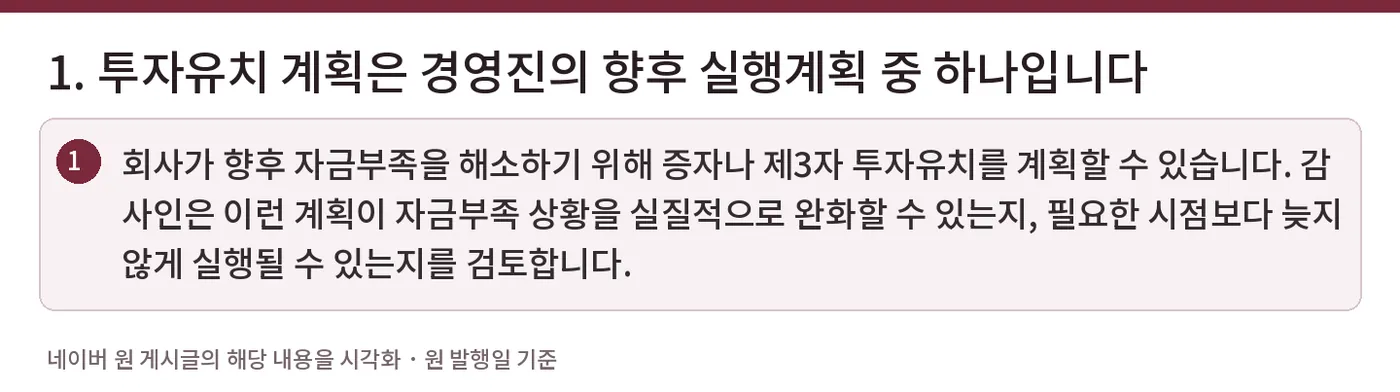 1. 투자유치 계획은 경영진의 향후 실행계획 중 하나입니다 — 회사가 향후 자금부족을 해소하기 위해 증자나 제3자 투자유치를 계획할 수 있습니다. 감사인은 이런 계획이 자금부족 상황을 실질적으로 완화할 수 있는지, 필요한 시점보다 늦지 않게 실행될 수 있는지를 검토합니다.