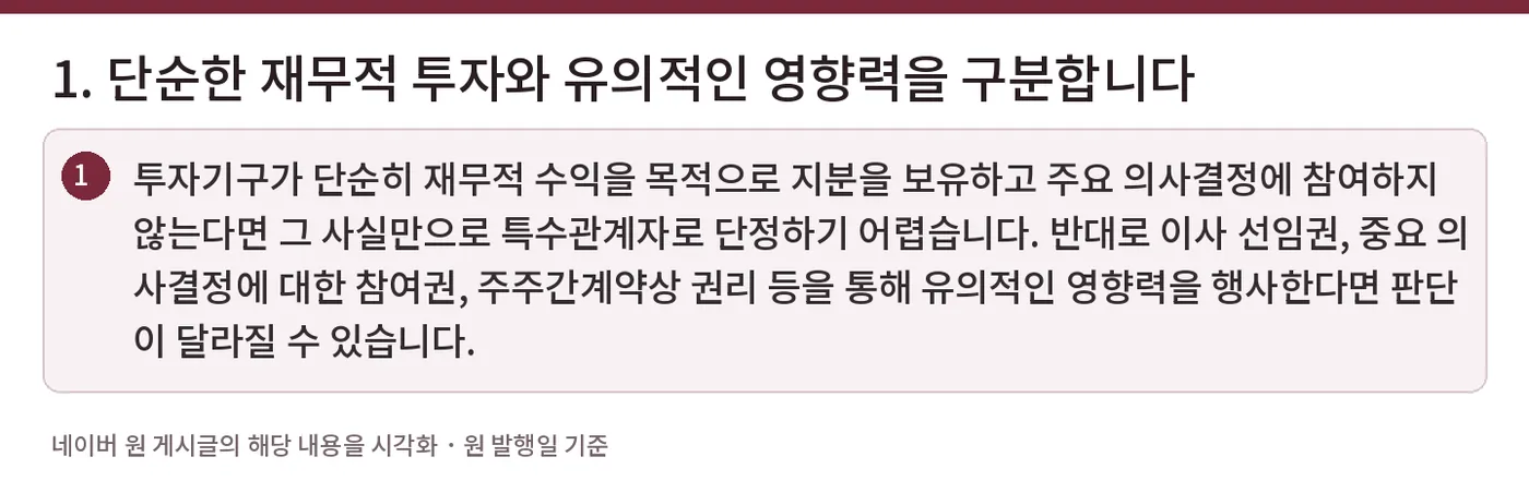 1. 단순한 재무적 투자와 유의적인 영향력을 구분합니다 — 투자기구가 단순히 재무적 수익을 목적으로 지분을 보유하고 주요 의사결정에 참여하지 않는다면 그 사실만으로 특수관계자로 단정하기 어렵습니다. 반대로 이사 선임권, 중요 의사결정에 대한 참여권, 주주간계약상 권리 등을 통해 유의적인 영향력을 행사한다면 판단이 달라질 수 있습니다.