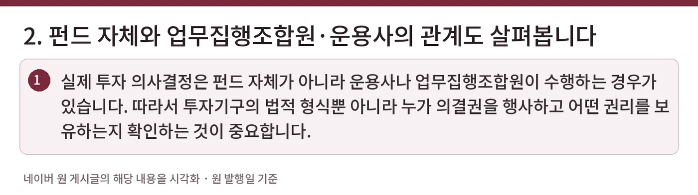2. 펀드 자체와 업무집행조합원·운용사의 관계도 살펴봅니다 — 실제 투자 의사결정은 펀드 자체가 아니라 운용사나 업무집행조합원이 수행하는 경우가 있습니다. 따라서 투자기구의 법적 형식뿐 아니라 누가 의결권을 행사하고 어떤 권리를 보유하는지 확인하는 것이 중요합니다.