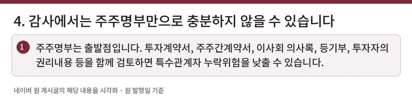 4. 감사에서는 주주명부만으로 충분하지 않을 수 있습니다 — 주주명부는 출발점입니다. 투자계약서, 주주간계약서, 이사회 의사록, 등기부, 투자자의 권리내용 등을 함께 검토하면 특수관계자 누락위험을 낮출 수 있습니다.