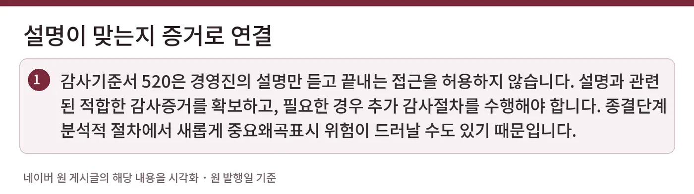 설명이 맞는지 증거로 연결 — 감사기준서 520은 경영진의 설명만 듣고 끝내는 접근을 허용하지 않습니다. 설명과 관련된 적합한 감사증거를 확보하고, 필요한 경우 추가 감사절차를 수행해야 합니다. 종결단계 분석적 절차에서 새롭게 중요왜곡표시 위험이 드러날 수도 있기 때문입니다.