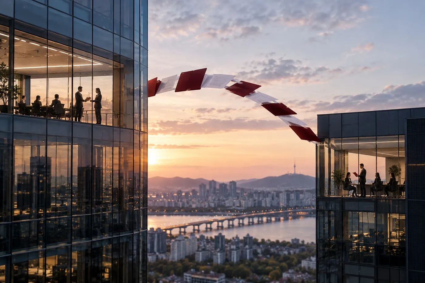 [IFRS 18 실무 FAQ ③] 주된 사업활동 평가는 어느 수준에서 해야 할까? — 종속회사와 연결실체 관련 상황을 표현한 AI 생성 실사형 이미지