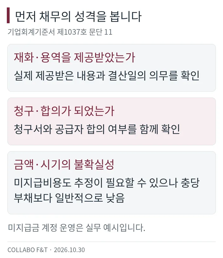 먼저 채무의 성격을 봅니다 — 재화·용역을 제공받았는가: 실제 제공받은 내용과 결산일의 의무를 확인; 청구·합의가 되었는가: 청구서와 공급자 합의 여부를 함께 확인; 금액·시기의 불확실성: 미지급비용도 추정이 필요할 수 있으나 충당부채보다 일반적으로 낮음